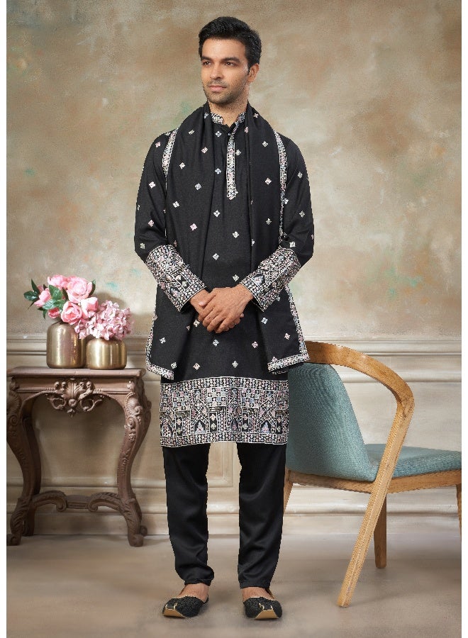 OUTLUK Black Embroidered Kurta with Pajama for Men - Image 1